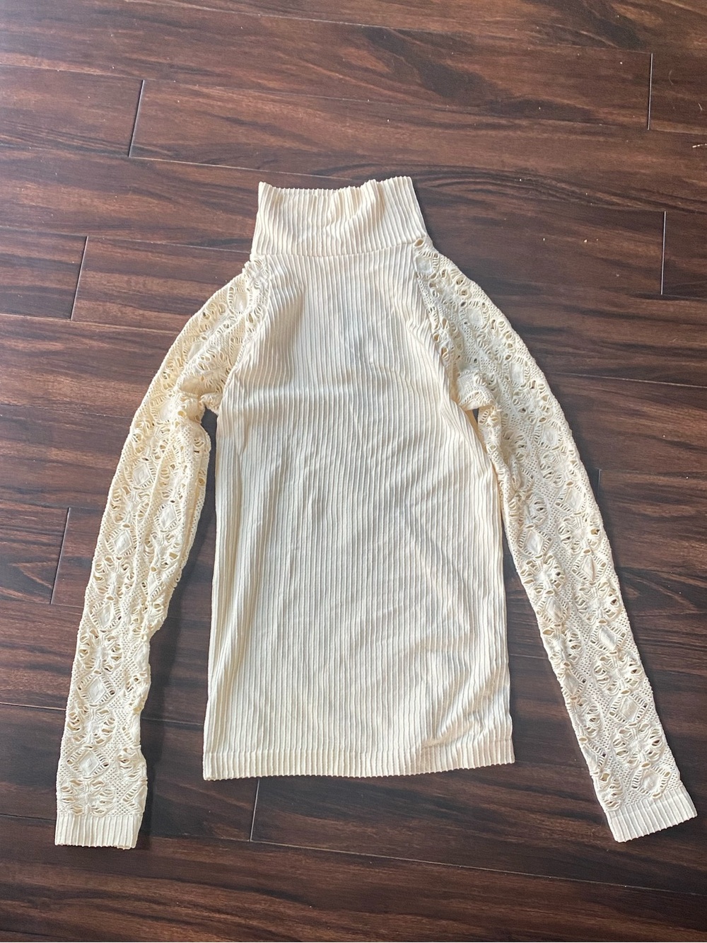 Free People Cream Ribbed Turtleneck with Crochet Lace Sleeves